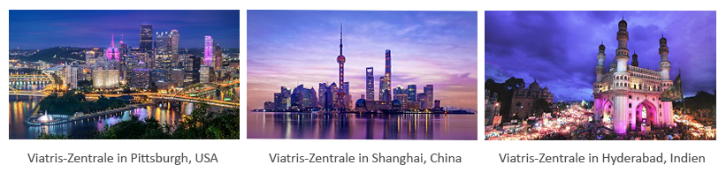 Die drei Viatris-Zentralen liegen in Pittsburgh, USA, in Shanghai, China, und in Hyderabad, Indien.