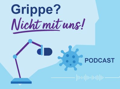 Podcast-Cover mit Mikrofon, Virusgrafik und Soundwellen – Grippeprävention in der ärztlichen Praxis