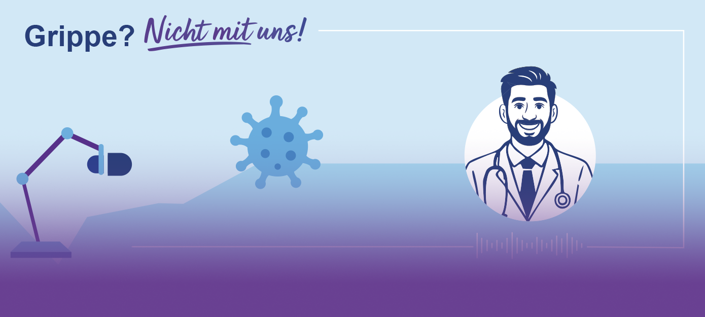Podcast-Cover mit Mikrofon, Virusgrafik und Soundwellen – Grippeprävention in der ärztlichen Praxis