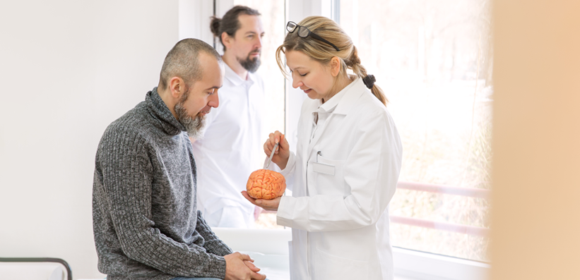 Ärztin zeigt Patienten eine Stelle an einem Gehirn-Modell