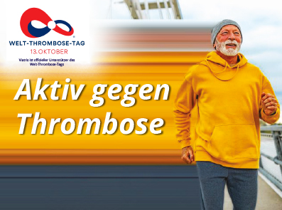 Abbildung zum Welt-Thrombose-Tag am 13. Oktober mit einer joggenden Person in gelbem Hoodie und dem Slogan ‚Aktiv gegen Thrombose‘. Viatris ist offizieller Unterstützer.