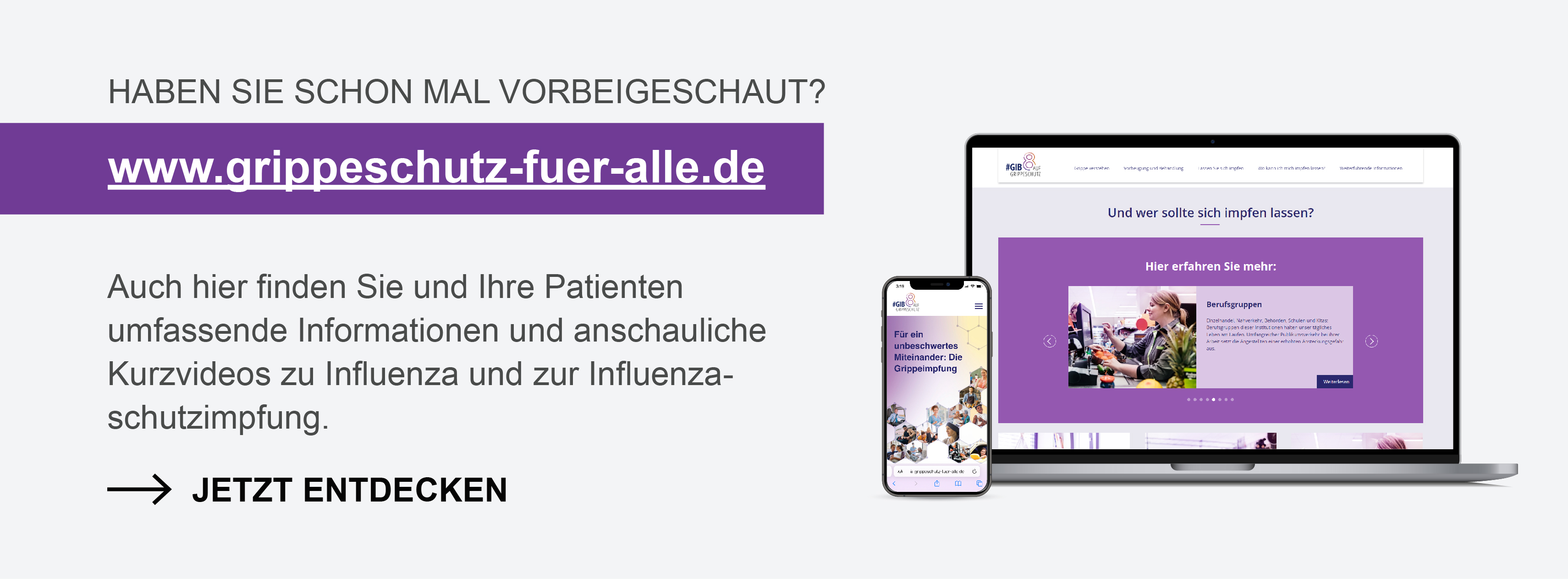 Darstellung der Patientenwebsite www.grippeschutz-fuer-alle.de auf Laptop und iPhone – mit Informationen zu Influenza und zur Influenzaschutzimpfung