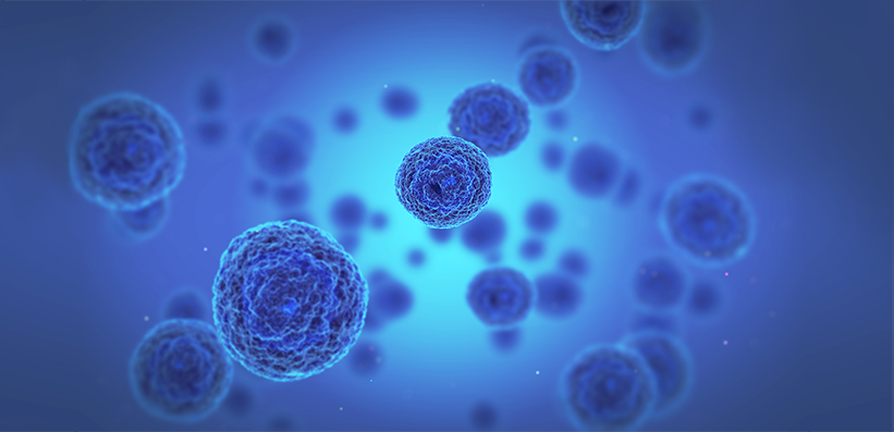 Grippeviren Detailansicht auf blauem Hintergrund