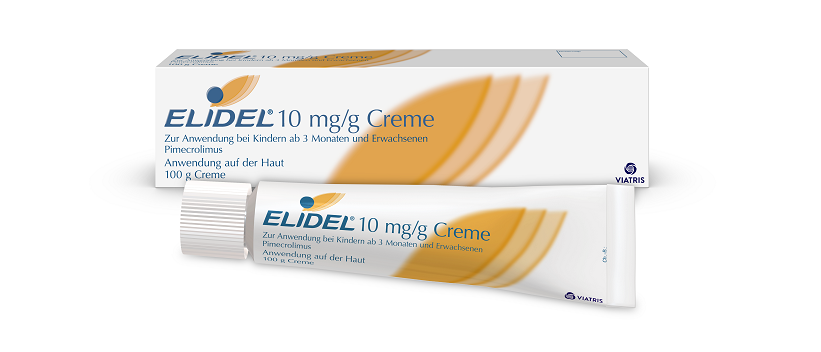 Packung und Tube von Elidel®: Creme zum Auftragen auf die Haut für Patienten ab 3 Monaten mit leichter bis mittelschwerer atopischer Dermatitis, bei denen eine Behandlung mit topischen Kortikosteroiden entweder nicht angebracht oder nicht möglich ist.